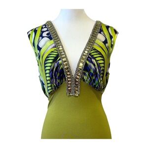 Baccio Couture Womens Bodycon Dress Size S Green Tropical Rhinestone V-Neck Mini
